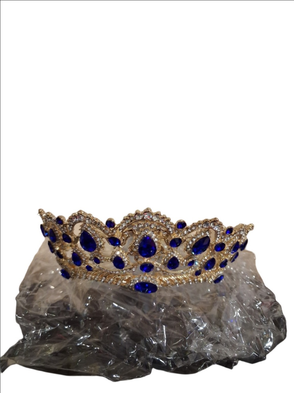 Gold and Royal Blue Jeweled Tiara Crown - Women Accessories